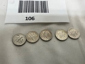 lot 106 image: LOT OF 5  1964D SILVER ROOSEVELT DIMES     90% SILVER