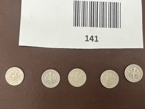 lot 141 image: LOT OF 5 SILVER ROOSEVELT DIMES FROM THE 1940S    90% SILVER