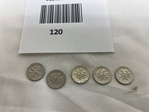 lot 120 image: LOT OF 5   1964D SILVER ROOSEVELT DIMES       90% SILVER