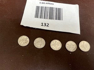 lot 132 image: LOT OF 5 SILVER ROOSEVELT DIMES FROM THE 1950S    90% SILVER