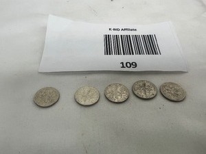 lot 109 image: LOT OF 5   1964D SILVER ROOSEVELT DIMES       90% SILVER