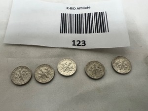 lot 123 image: LOT OF 5   1964D SILVER ROOSEVELT DIMES       90% SILVER