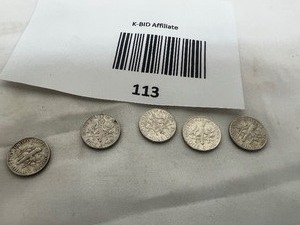 lot 113 image: LOT OF 5   1964D SILVER ROOSEVELT DIMES       90% SILVER
