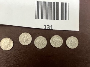 lot 131 image: LOT OF 5 SILVER ROOSEVELT DIMES FROM THE 1950S    90% SILVER