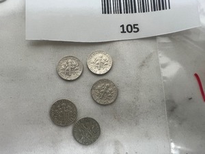 lot 105 image: LOT OF 5     1960 SILVER ROOSEVELT DIMES       90% SILVER