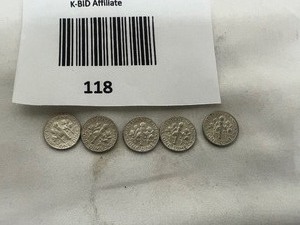 lot 118 image: LOT OF 5   1964D SILVER ROOSEVELT DIMES       90% SILVER