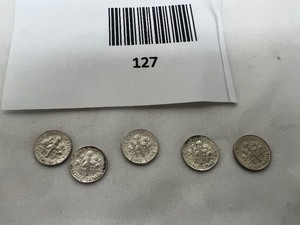 lot 127 image: LOT OF 5   1964 SILVER ROOSEVELT DIMES       90% SILVER