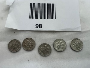 lot 98 image: LOT OF 5  1961 SILVER ROOSEVELT DIMES     90% SILVER