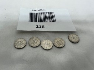 lot 116 image: LOT OF 5   1964D SILVER ROOSEVELT DIMES       90% SILVER