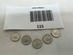 lot 115 image: LOT OF 5   1964D SILVER ROOSEVELT DIMES       90% SILVER