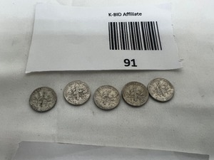 lot 91 image: LOT OF 5  1960 SILVER ROOSEVELT DIMES     90% SILVER