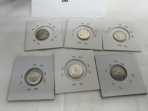 lot 88 image: LOT OF 6 CANADIAN SILVER DIMES