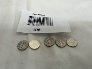 lot 108 image: LOT OF 5   1964D SILVER ROOSEVELT DIMES       90% SILVER