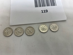 lot 119 image: LOT OF 5   1964D SILVER ROOSEVELT DIMES       90% SILVER