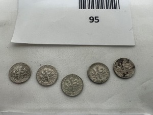 lot 95 image: LOT OF 5  1963 SILVER ROOSEVELT DIMES     90% SILVER