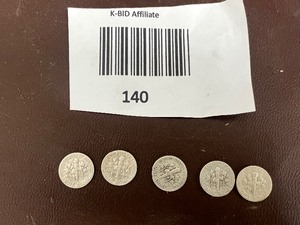 lot 140 image: LOT OF 5 SILVER ROOSEVELT DIMES FROM THE 1940S    90% SILVER