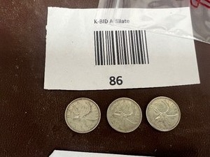 lot 86 image: LOT OF 3 CANADIAN QUARTERS FROM 1950S SILVER
