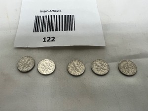 lot 122 image: LOT OF 5   1964D SILVER ROOSEVELT DIMES       90% SILVER