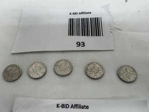 lot 93 image: LOT OF 5  1963 SILVER ROOSEVELT DIMES     90% SILVER