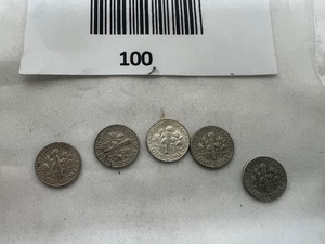 lot 100 image: LOT OF 5   1961 SILVER ROOSEVELT DIMES      90% SILVER