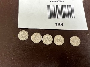 lot 139 image: LOT OF 5 SILVER ROOSEVELT DIMES FROM THE 1940S    90% SILVER