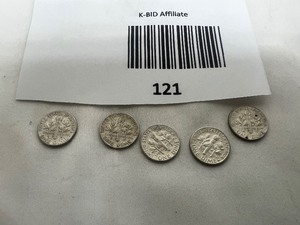 lot 121 image: LOT OF 5   1964D SILVER ROOSEVELT DIMES       90% SILVER