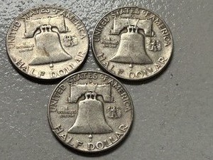 (3) 1954 Franklin Silver Half Dollars -- (2) D & (1) P Mints