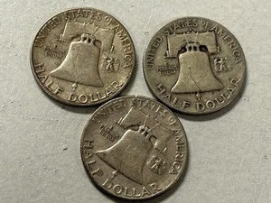 (3) 1949 Franklin Silver Half Dollars -- (2) S & (1) D Mints
