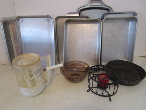 lot 242 image: Cast Fry Pan, Cake Pans, Pyrex