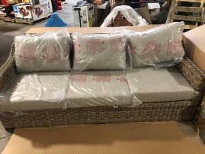 Home Decorators Collection Kingsbrook Commercial Wicker Outdoor Couch with Removable Gray Cushions   Customer Returns See Pictures