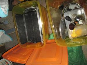 lot 99 image: 2-covered totes full of cooking and baking supplies
