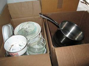 lot 350 image: 2-boxes of pots, pans, dinnerware