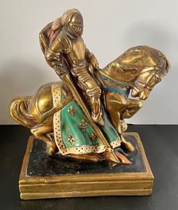 lot 25 image: Antique Marion Bronze Knight Crusader Joust War Horse Sculpture Bookends