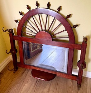 lot 406 image: Vintage Wall Mount Mirror with 6 Hooks and Small Shelf