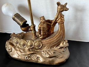 lot 72 image: Vintage Bronze Clad Decorative Arts and Crafts Viking Figurine Table Lamp