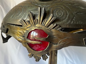 lot 10 image: Vintage Georges Leleu Style Art Nouveau Patinated Metal and Glass Decorative Table Lamp