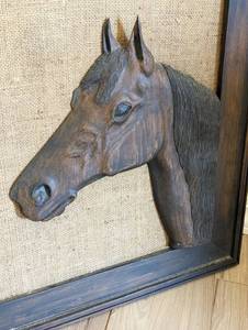 lot 82 image: Framed Carved Wood Horse Head by Chick Owen