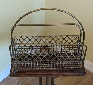 lot 87 image: Vintage Claw Foot Brass and Wood Magazine Rack