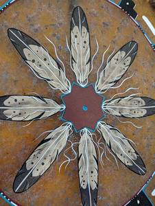 lot 211 image: Beautiful Native American Painted Rawhide and Feather Wall Hanging
