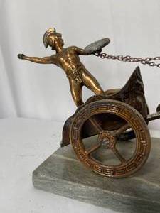 lot 391 image: Vintage Metal Chariot Statue with Oxidation and Marble Base