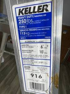 lot 502 image: Keller Six Foot 250 Lb. Aluminum Ladder Model 916