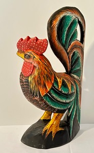 lot 302 image: Brightly Colored Wood Carved Rooster Figurine