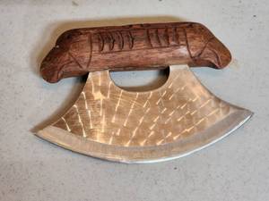 lot 516B image: Vintage Hunting Bow  Ottoman Like Axe and (2) Hide Scraper Tools