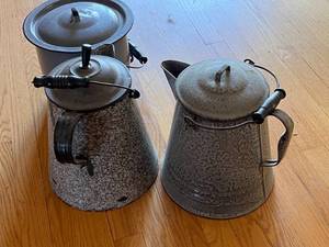 lot 66 image: 2 Large Metal Coffee Pots and Cooking Pot