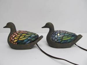 lot 195 image: Pair of Slag Glass & Brass Duck Lamps