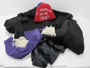 lot 102 image: IOOF Oddfellows Lot including Old Vintage 1940s era Jacket, Fez Cap, Pouch, Buttons etc