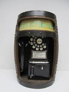 lot 119 image: Very Cool Vintage Telephone Liquor Decanter wWooden Barrel 