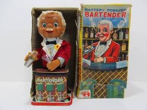 lot 157 image: Vintage Tin Litho Battery-Op CHARLEY the Bartender Toy wOriginal Box