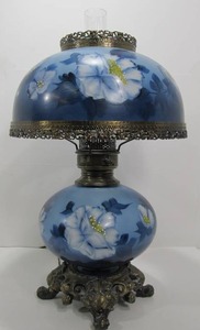 lot 173 image: Excellent Vintage Hand Painted Blue Floral Gone wThe Wind Lamp