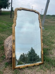 lot 225 image: Very Nice Vintage Beveled Glass Wall Mirror wHand Painted Oriental Wood Frame